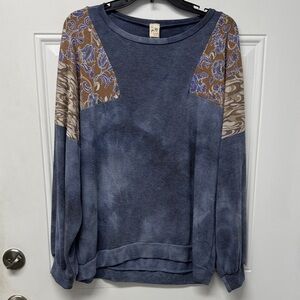 7th Ray Blue and Brown Patterned Long Sleeve Blouse